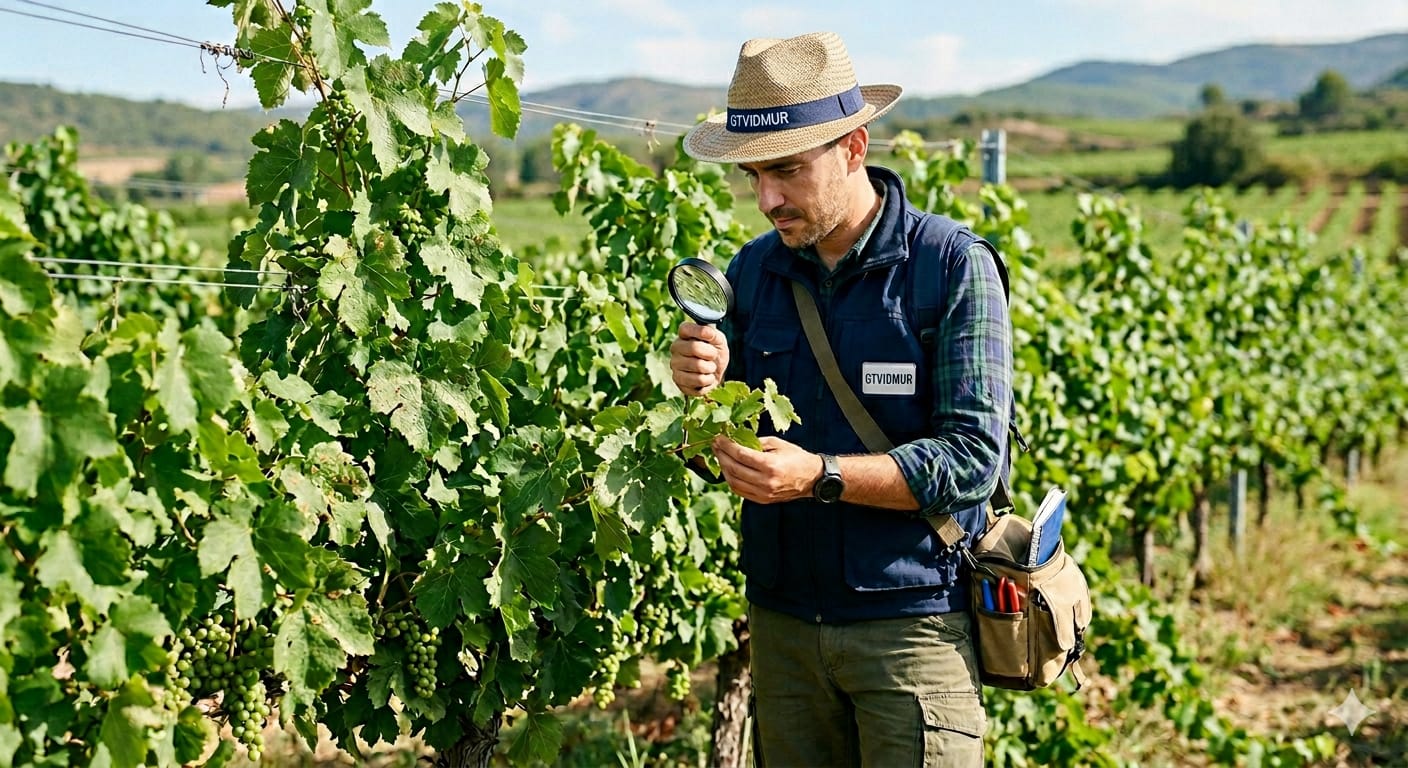 Técnico GTVIDMUR inspeccionando viñedo con lupa